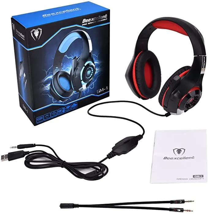 Beexcellent GM-1 Over-Ear Wired 3.5mm Pro Gaming Headset Surround Sound Gaming Headphone with LED Effect and Microphone for PC, Laptop, Tablet, PS4, Xbox, Cell Phone (Red)