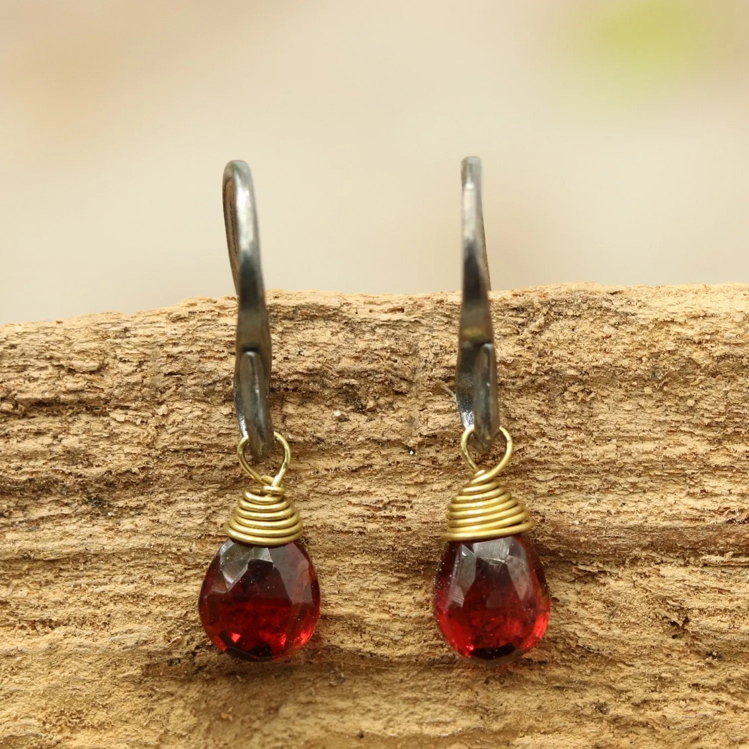 Garnet faceted drops earrings with oxidized sterling silver hooks